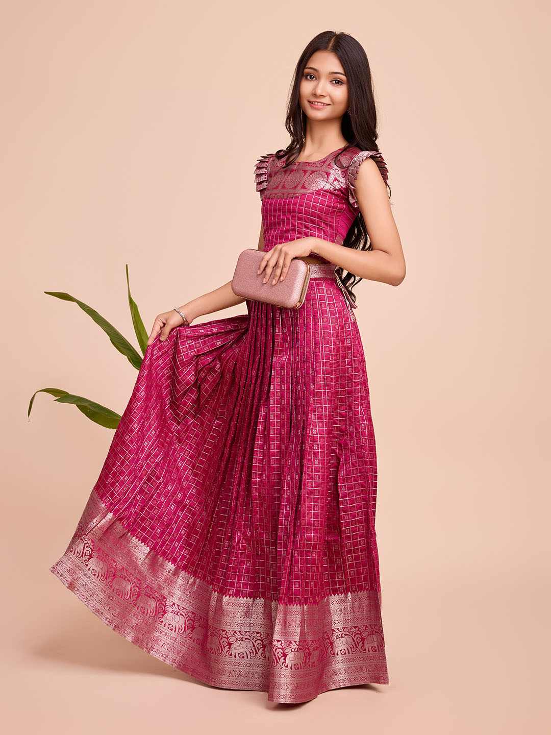 Tasarika Kids PINK color Silk Sleeveless ethnic dress CHECK_PINK