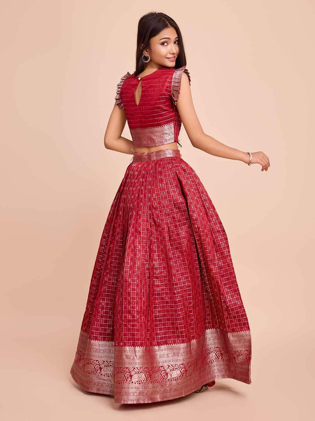 Tasarika Kids RED color Silk Sleeveless ethnic dress CHECK_RED