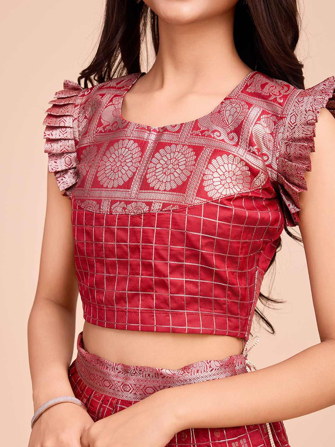 Tasarika Kids RED color Silk Sleeveless ethnic dress CHECK_RED