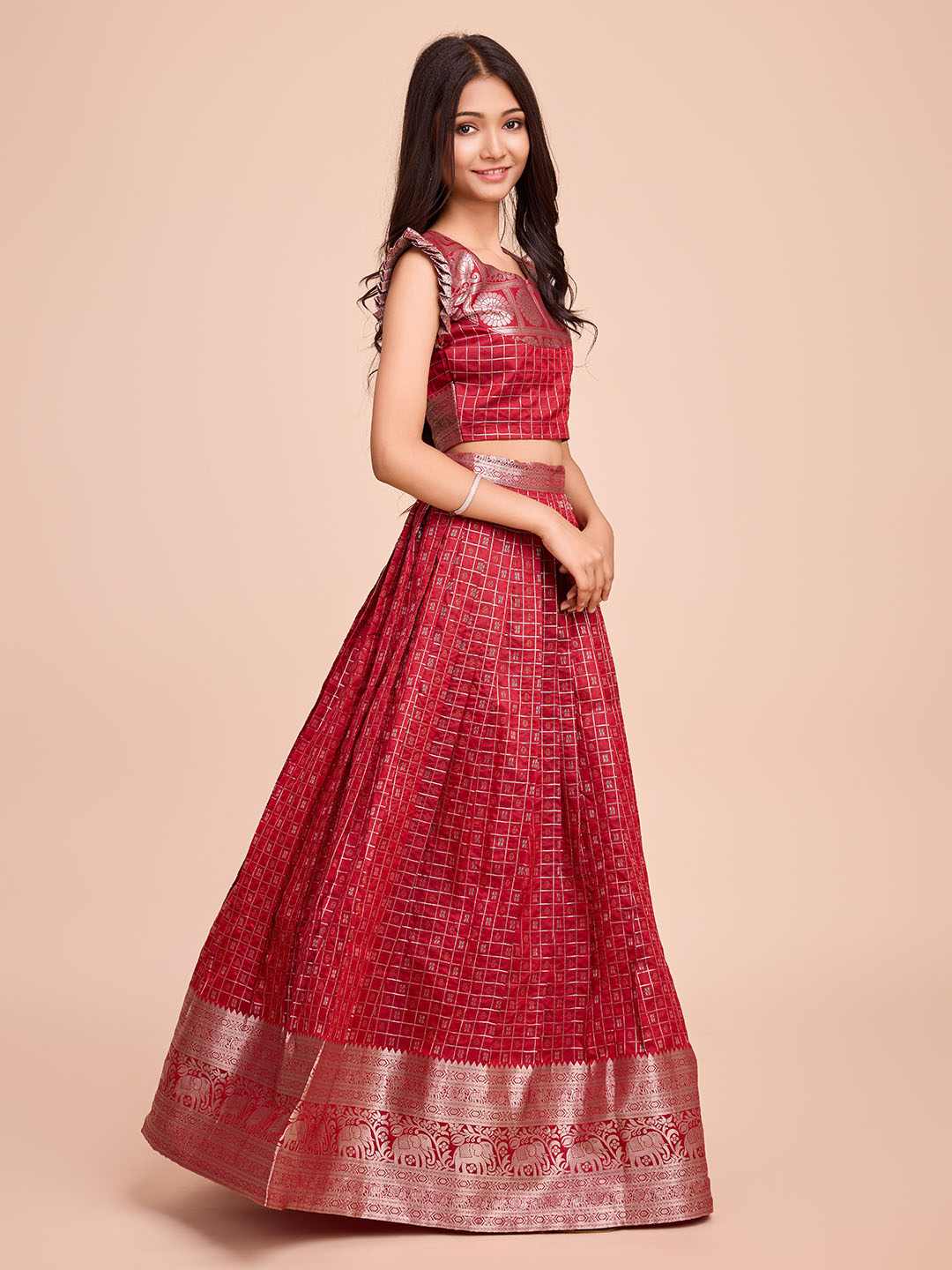 Tasarika Kids RED color Silk Sleeveless ethnic dress CHECK_RED