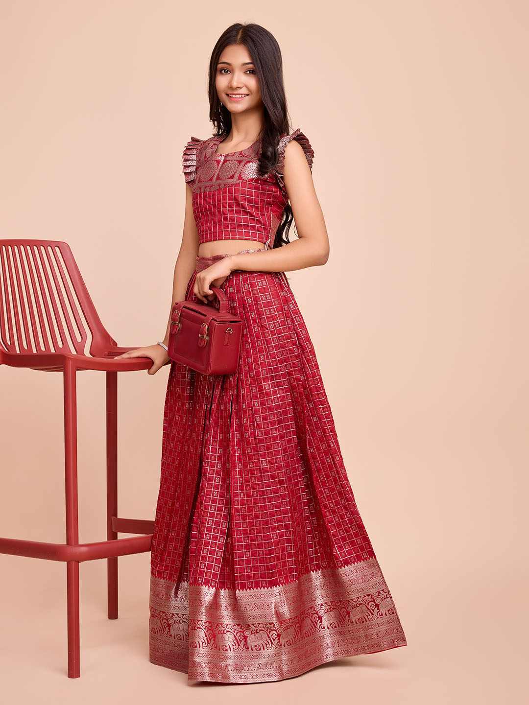 Tasarika Kids RED color Silk Sleeveless ethnic dress CHECK_RED