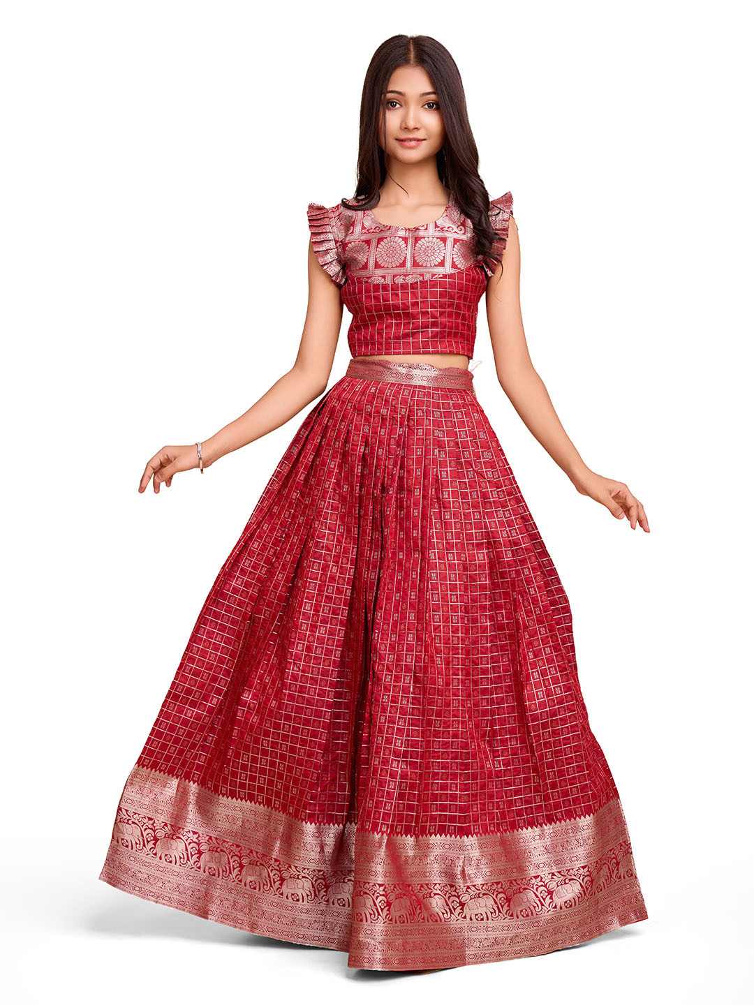 Tasarika Kids RED color Silk Sleeveless ethnic dress CHECK_RED
