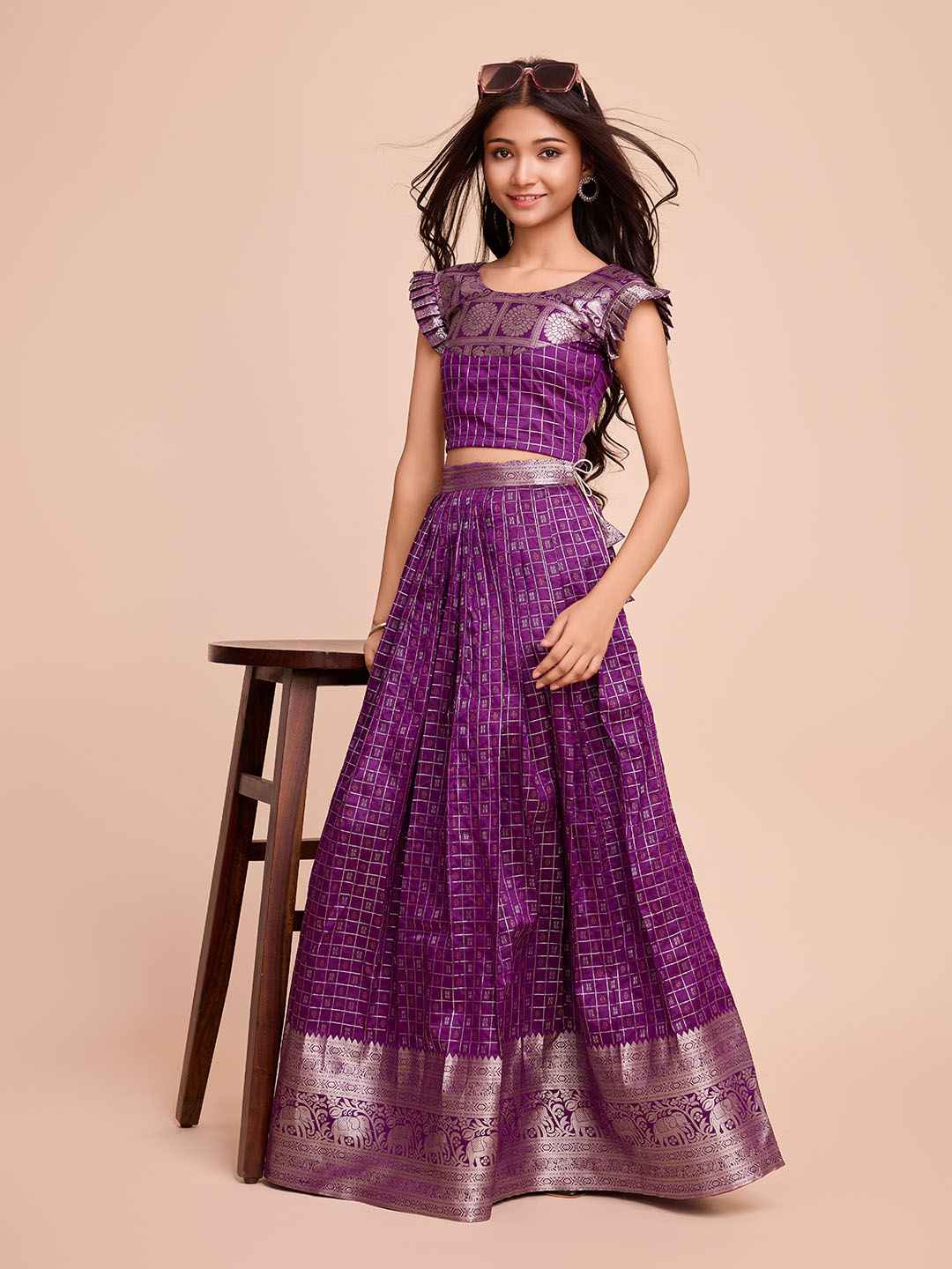 Tasarika Kids WINE color Silk Sleeveless ethnic dress CHECK_WINE