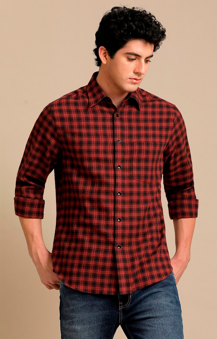 Aldeno | Men's Red Cotton Checked Casual Shirt