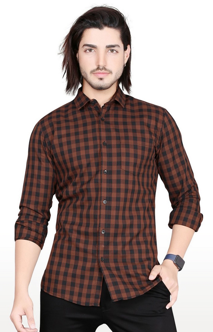 5th Anfold | Men's Brown Cotton checkered Casual Shirt 0