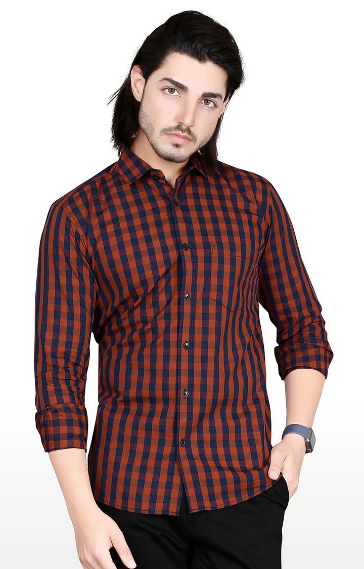 Men's Orange Cotton checkered Casual Shirt