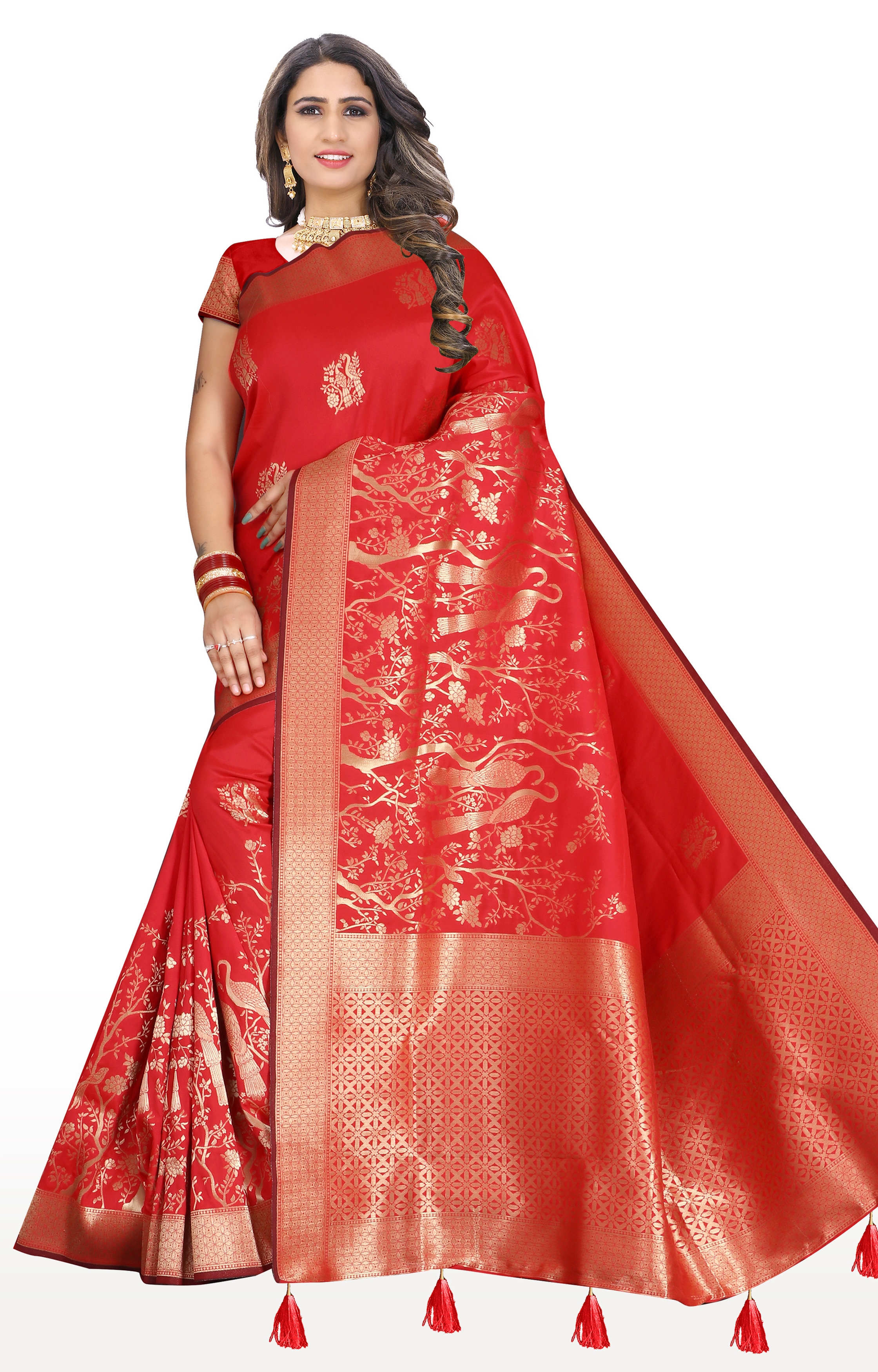 Glemora | Glemora Saree for Women Banarasi Silk Saree With Blouse (Red) 0