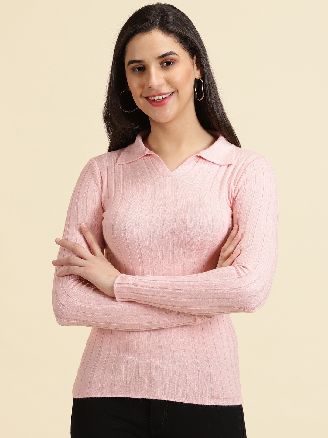 SHOWOFF Women's Shirt Collar Solid Pink Fitted Regular Top