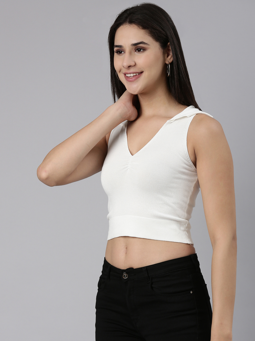 SHOWOFF Women's Above the Keyboard Collar Solid White Fitted Crop Top