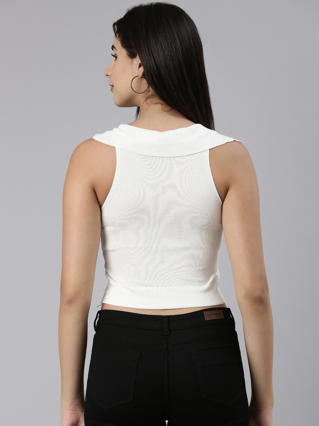SHOWOFF Women's Above the Keyboard Collar Solid White Fitted Crop Top