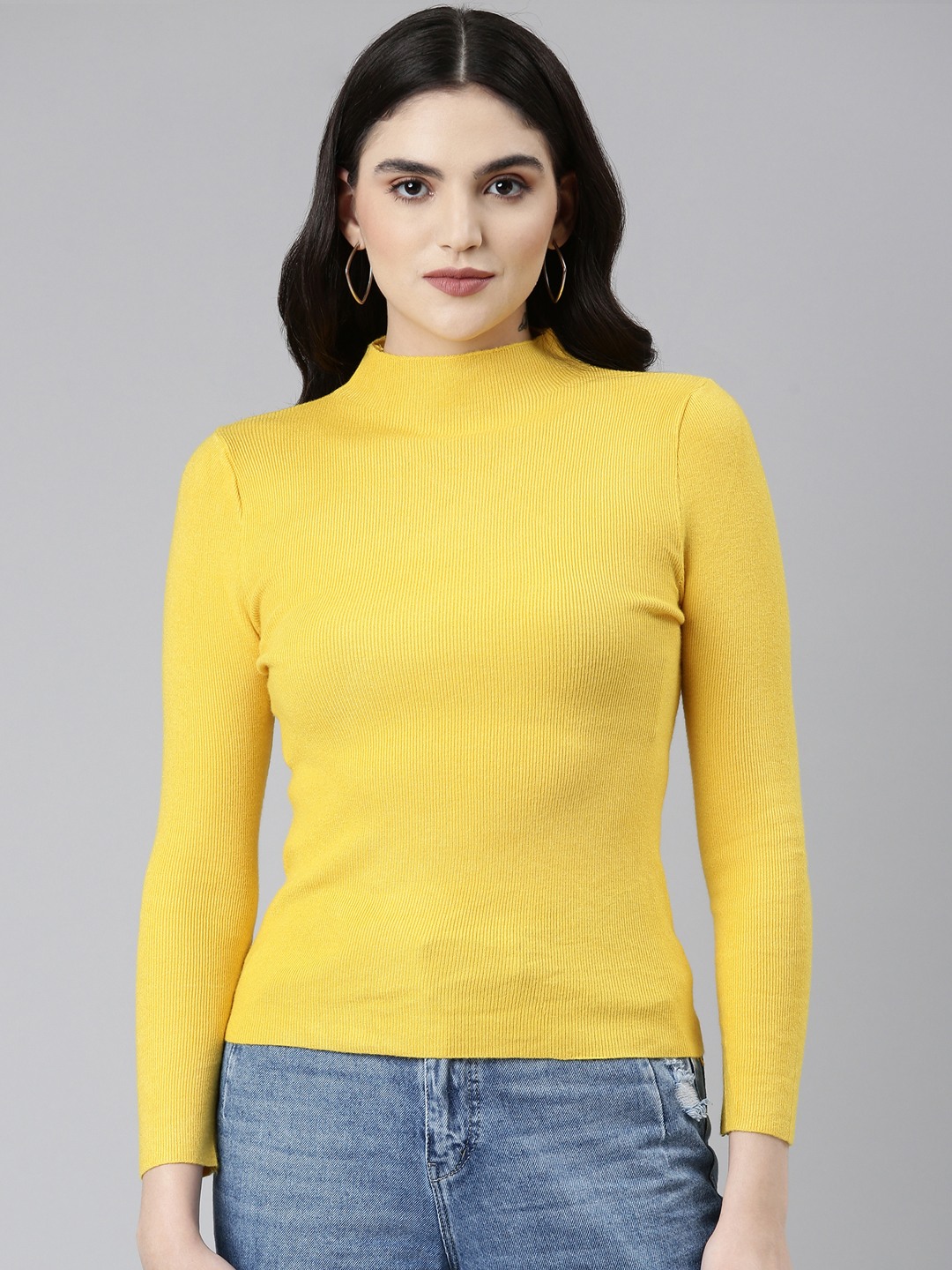 SHOWOFF Women s High Neck Solid Regular Sleeves Fitted Yellow Top