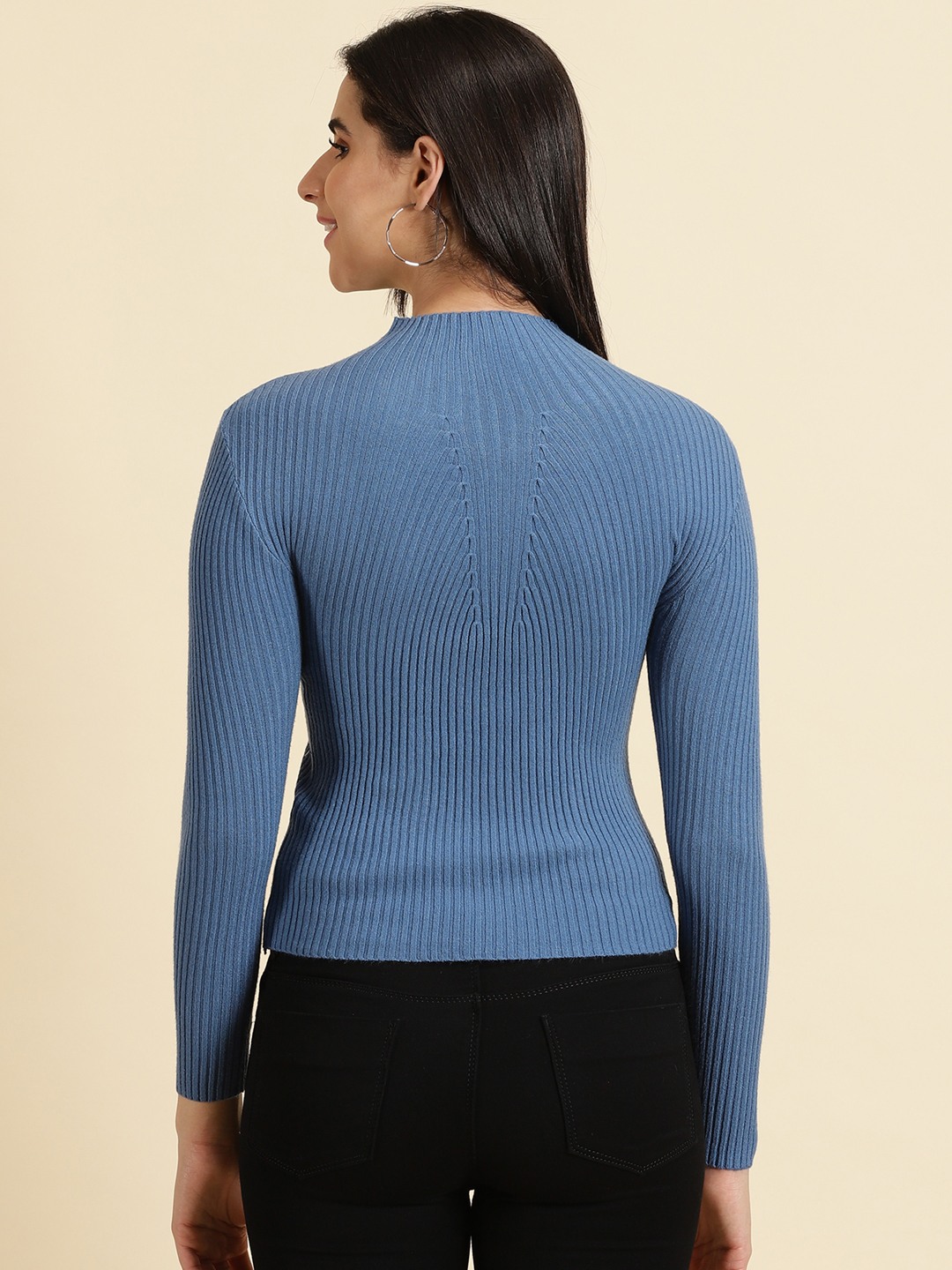 SHOWOFF Women's High Neck Solid Blue Fitted Regular Top