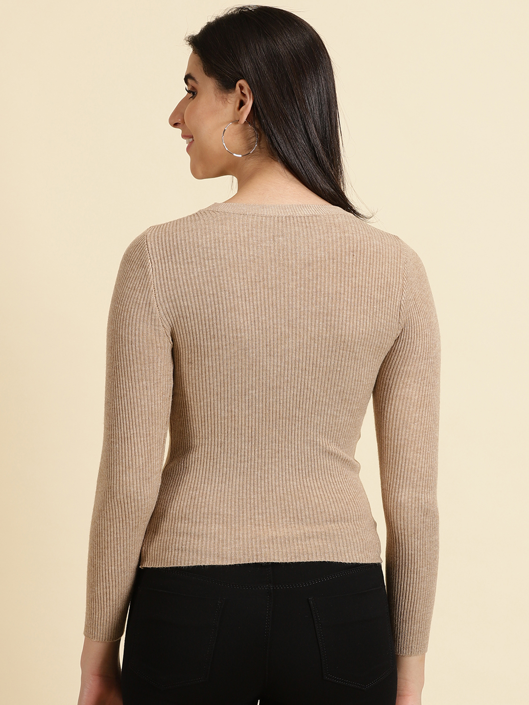 SHOWOFF Women's Round Neck Solid Taupe Fitted Regular Top