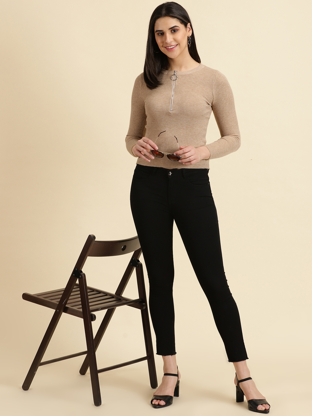 SHOWOFF Women's Round Neck Solid Taupe Fitted Regular Top