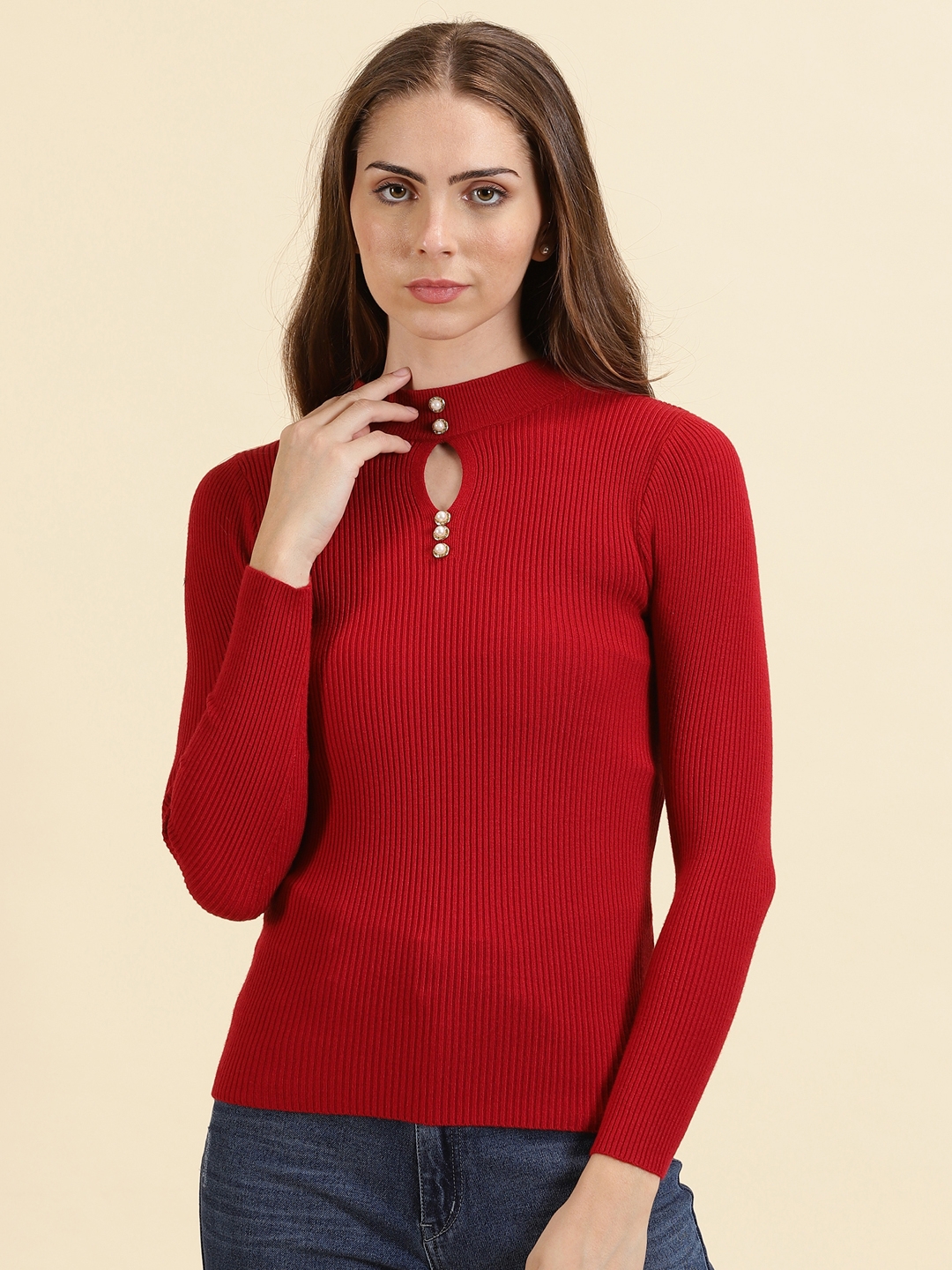 Showoff | SHOWOFF Women's Keyhole Solid Maroon Fitted Regular Top 1