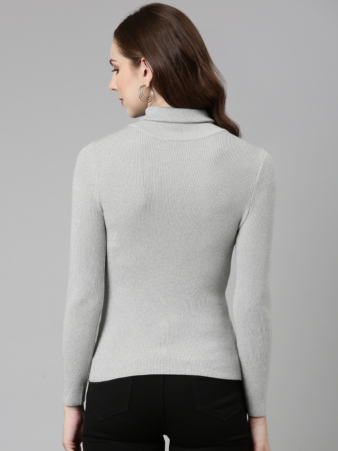 Showoff | SHOWOFF Women's High Neck Embellished Regular Sleeves Fitted Grey Top 4