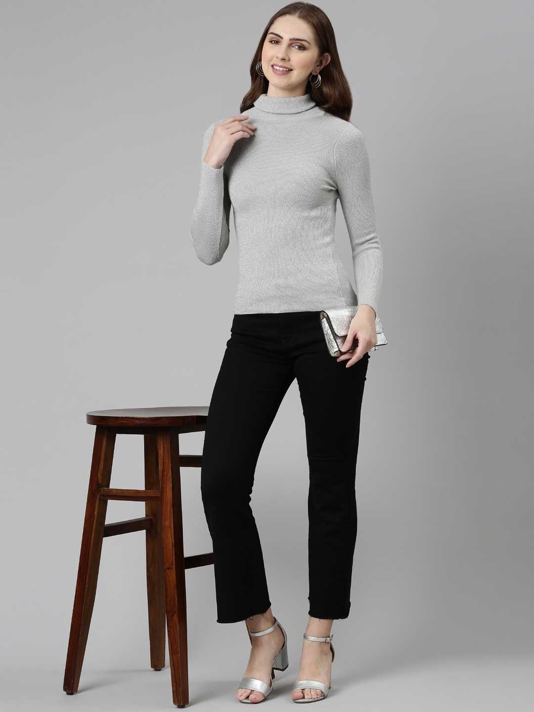 Showoff | SHOWOFF Women's High Neck Embellished Regular Sleeves Fitted Grey Top 6