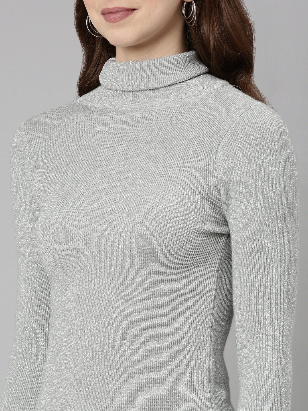 Showoff | SHOWOFF Women's High Neck Embellished Regular Sleeves Fitted Grey Top 7