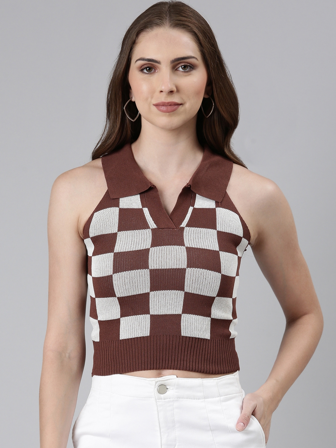 Showoff | SHOWOFF Women's Above the Keyboard Collar Checked Coffee Brown Cinched Waist Crop Top 1