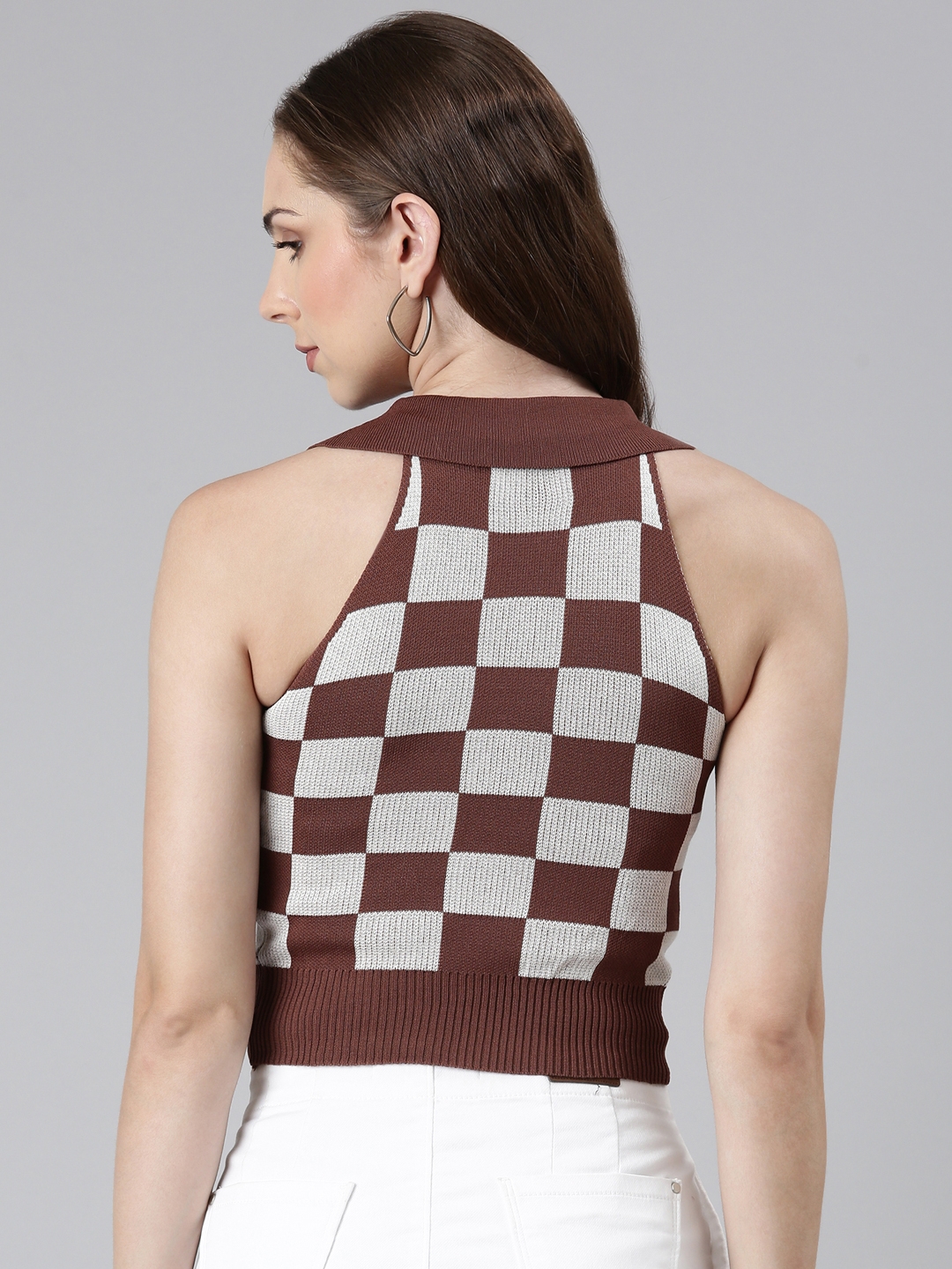 Showoff | SHOWOFF Women's Above the Keyboard Collar Checked Coffee Brown Cinched Waist Crop Top 4