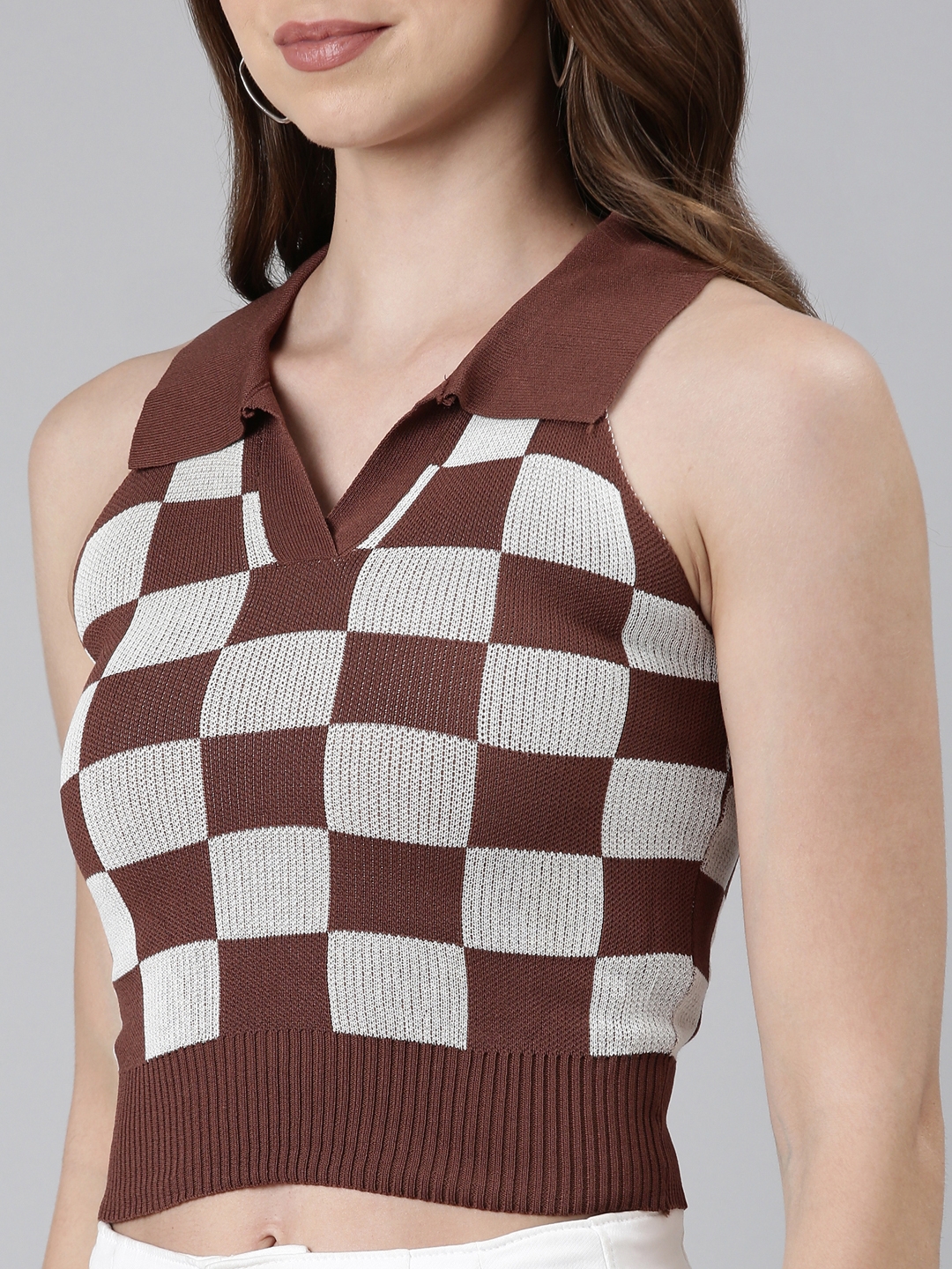 Showoff | SHOWOFF Women's Above the Keyboard Collar Checked Coffee Brown Cinched Waist Crop Top 7