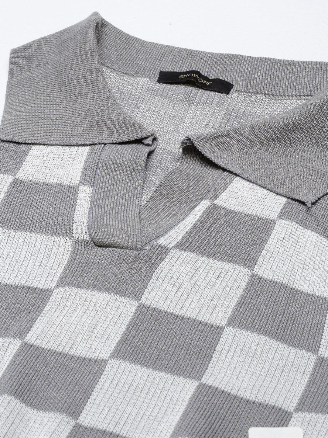 SHOWOFF Women's Above the Keyboard Collar Checked Grey Cinched Waist Crop Top