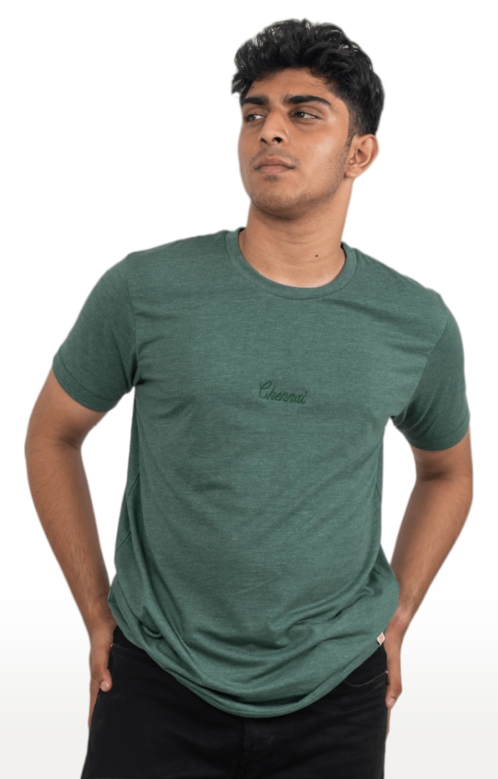 1947IND | Unisex Chennai Embroidered Tri-Blend T-Shirt in Bottle Green
