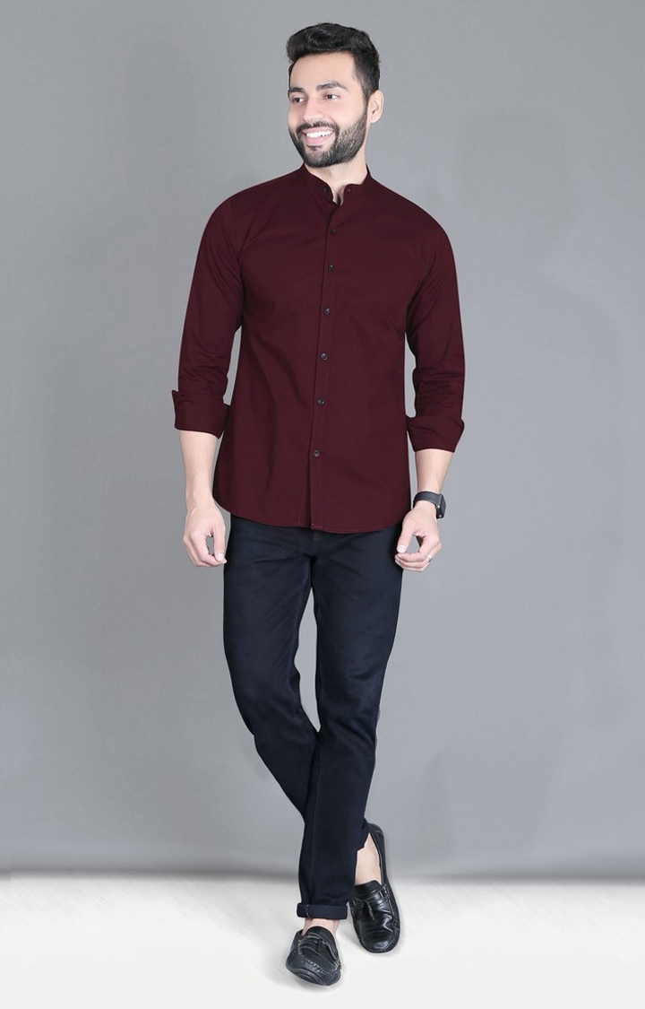 Men's Maroon Cotton Solid Casual Shirt