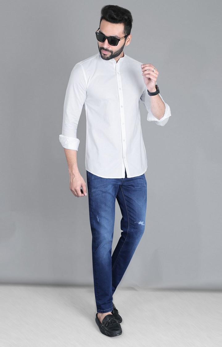 Men's White Cotton Solid Casual Shirt