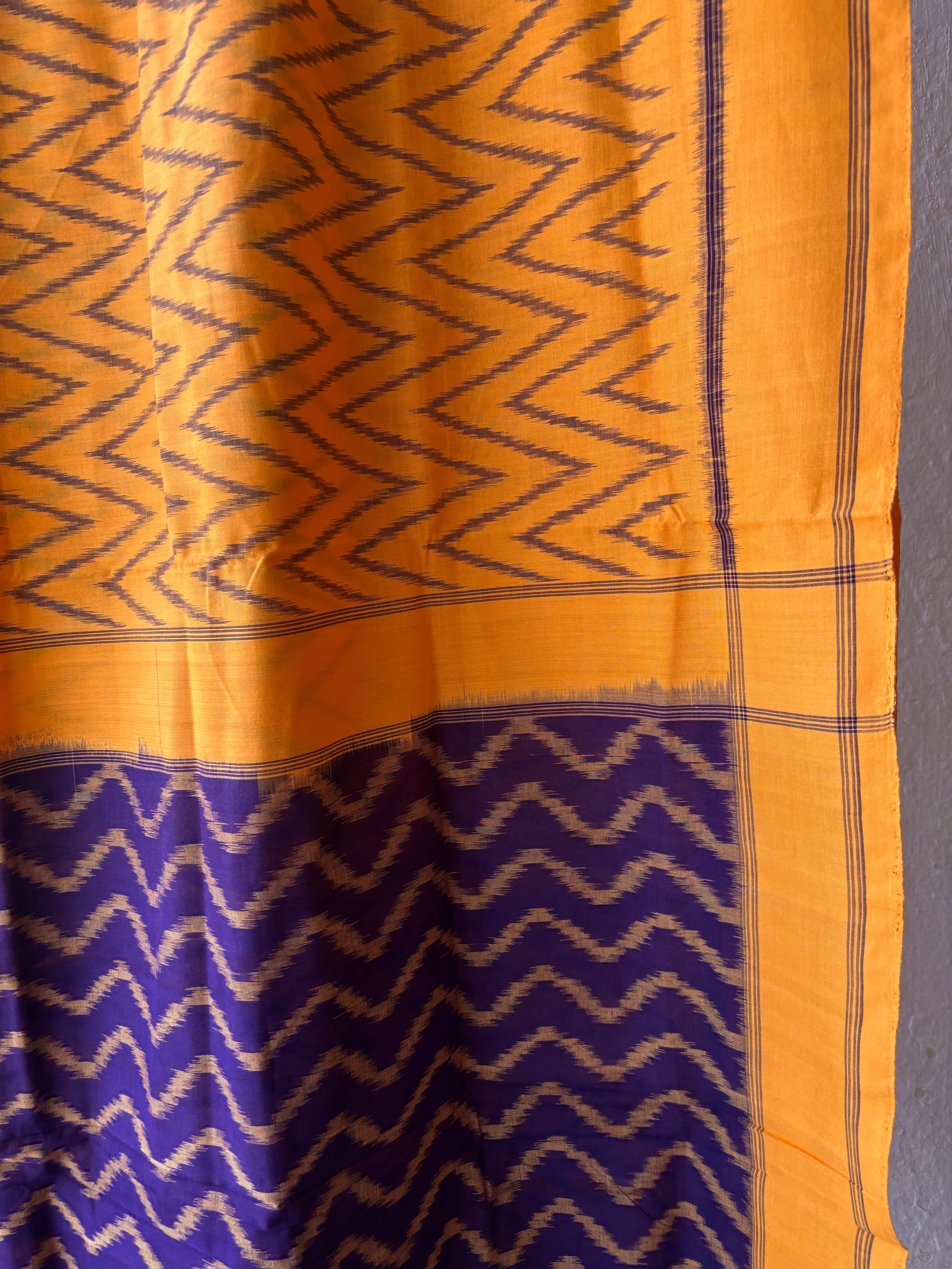 Lehariya Pattern Yellow Ikat Cotton Saree