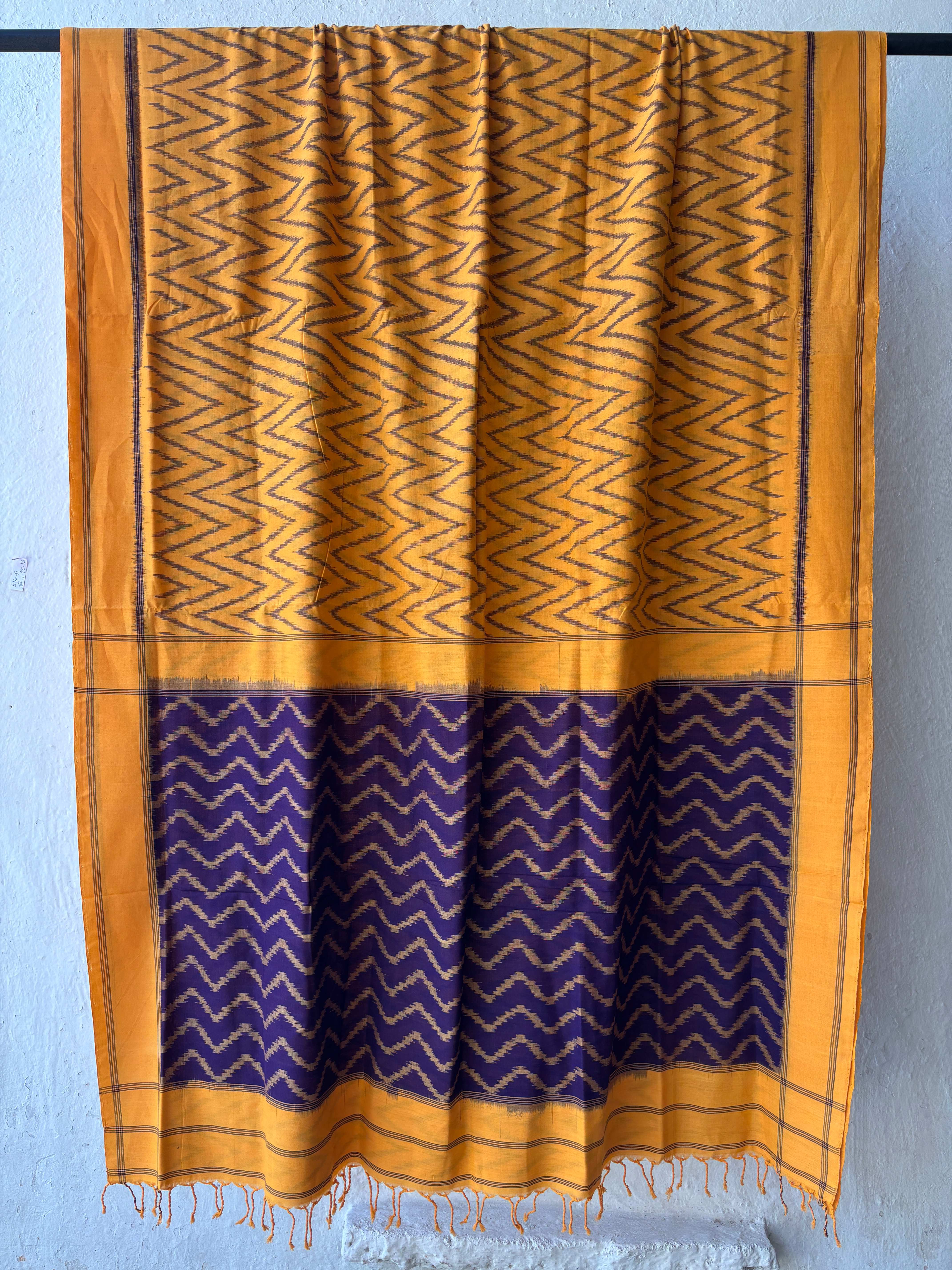 Lehariya Pattern Yellow Ikat Cotton Saree