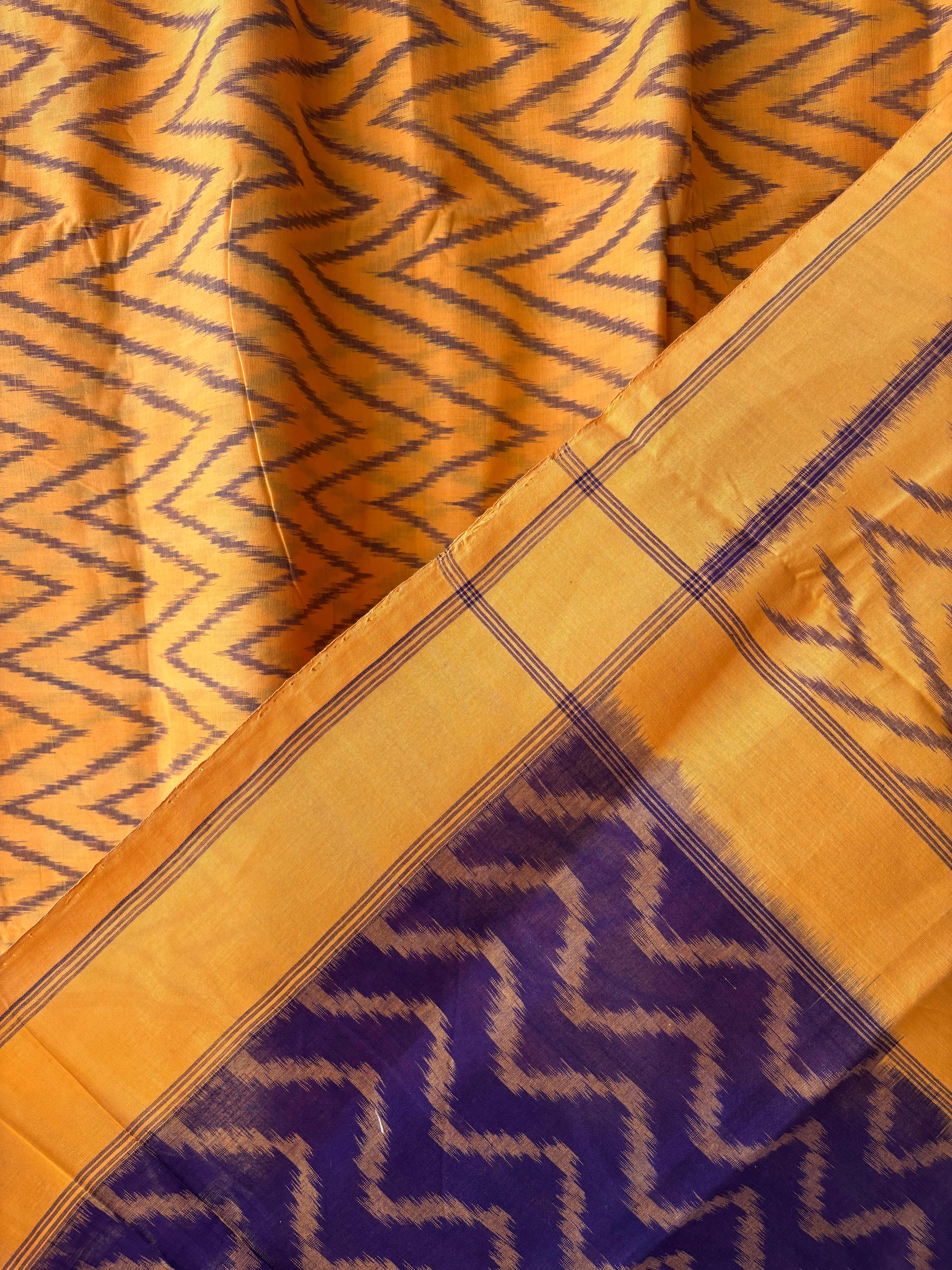 Lehariya Pattern Yellow Ikat Cotton Saree