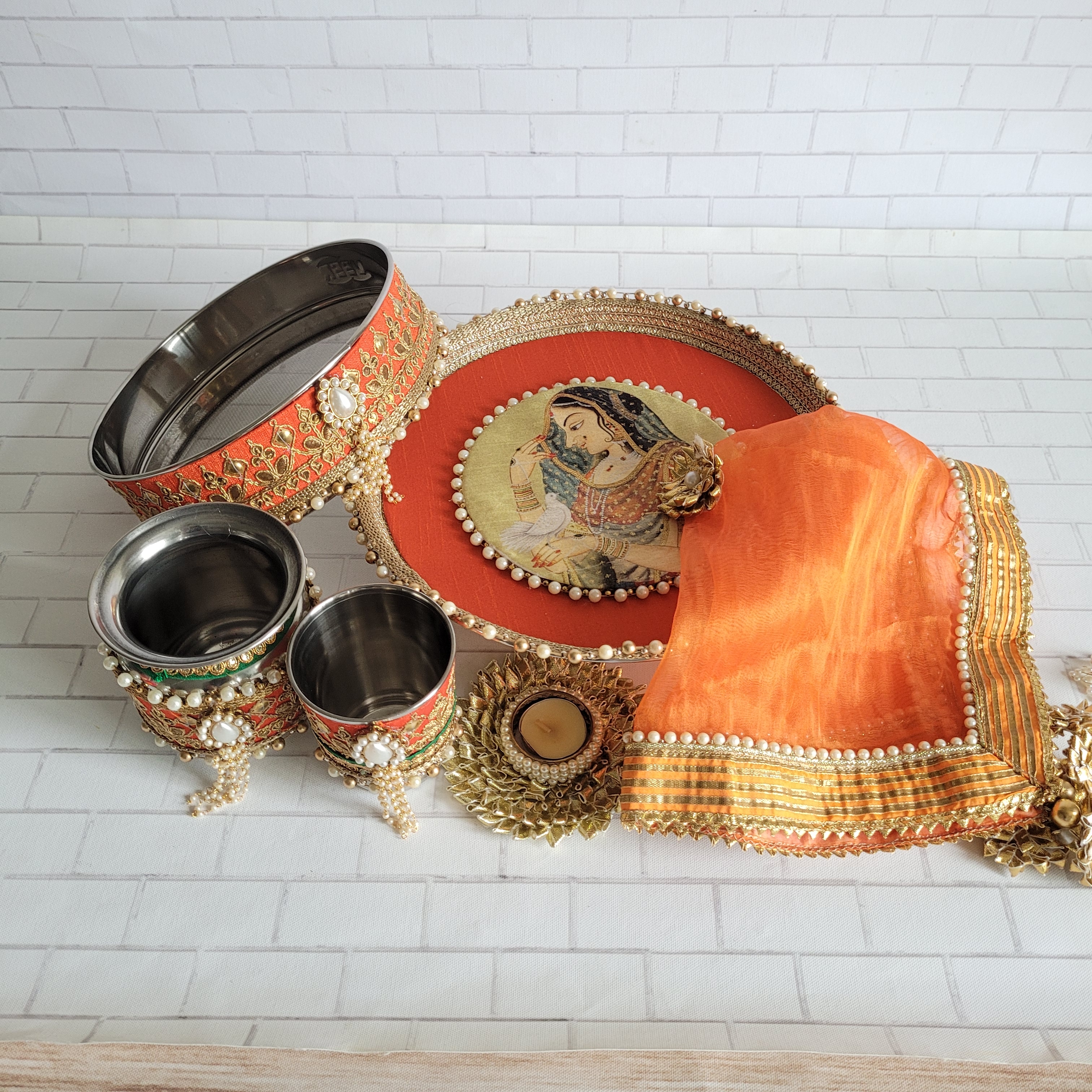Floral art | Orange & Gold Maharani Karva Chauth Thali Set undefined