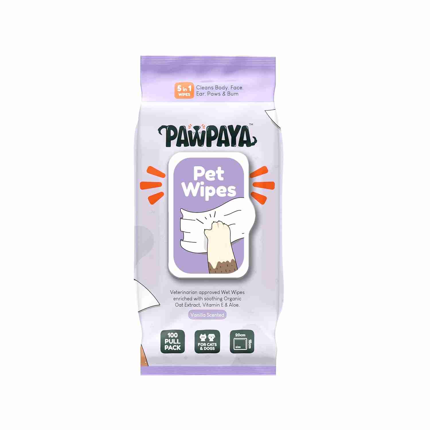 Pawpaya Lavender Pet Wipes for Dogs and Cats, 100 Pull Pack (20x18cm)