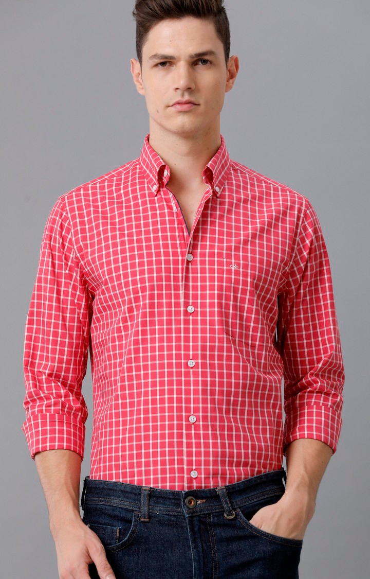 Men's Red Cotton Checked Formal Shirt