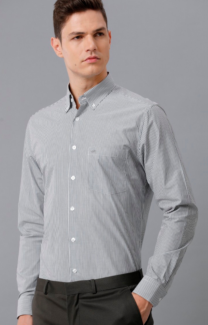 Aldeno | Men's Grey Cotton Striped Formal Shirt