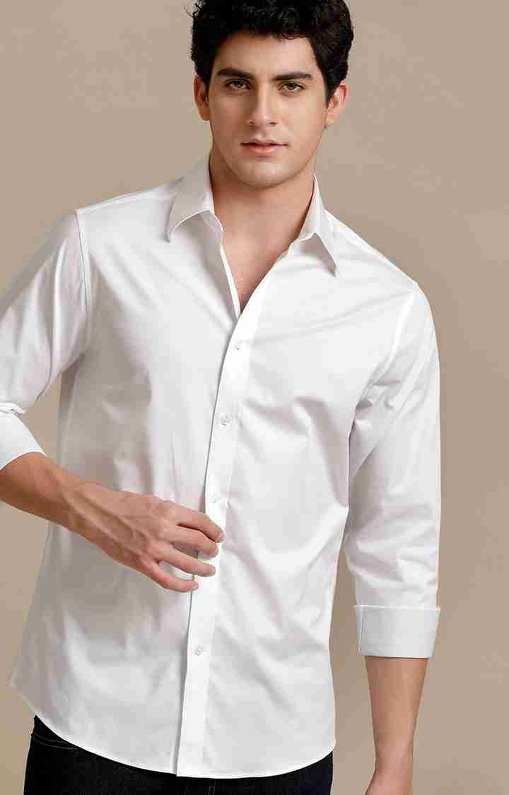 Men's White Cotton Solid Casual Shirt