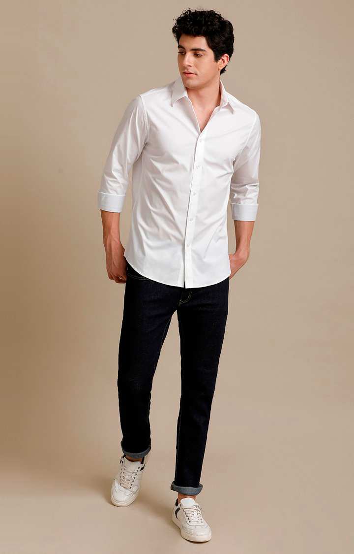 Men's White Cotton Solid Casual Shirt