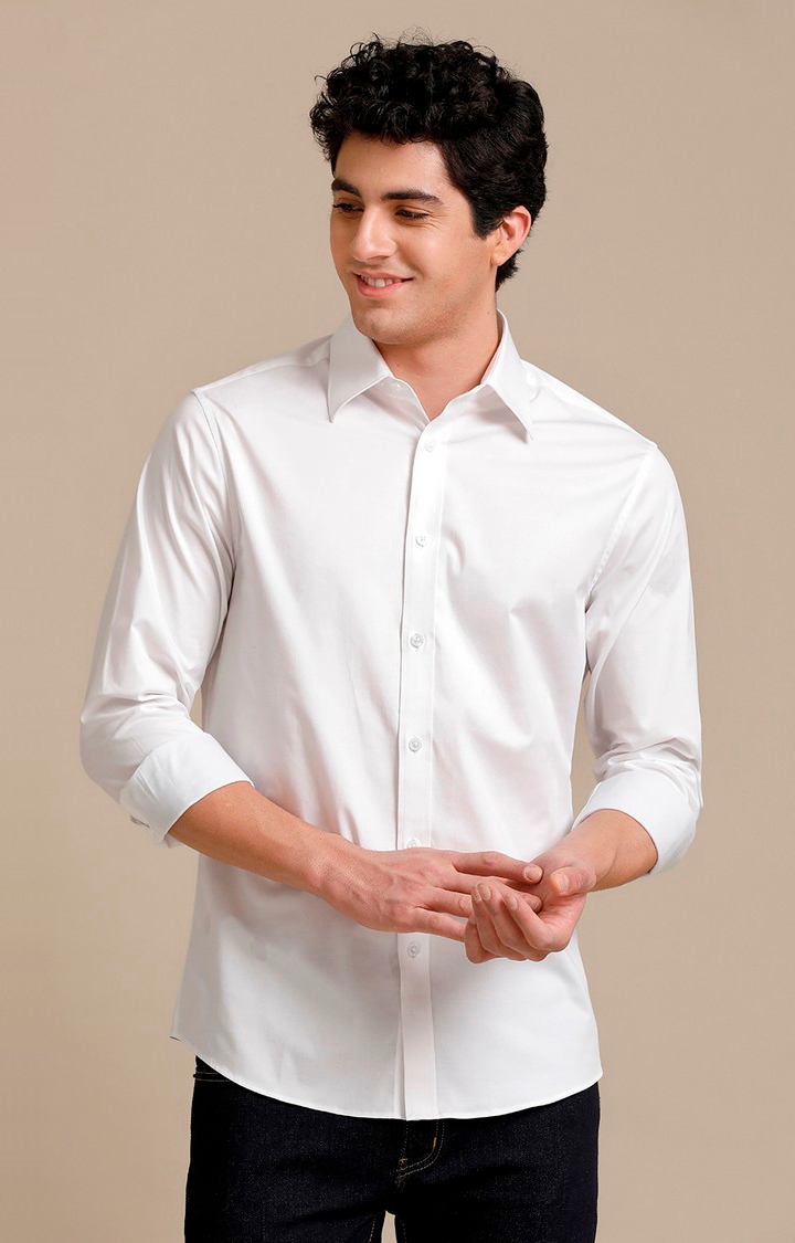 Men's White Cotton Solid Casual Shirt