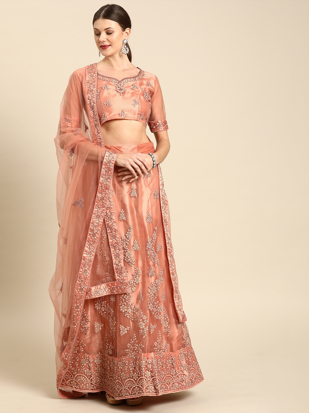 Women Peach Embroidery Net Semi Stitched Lehenga And Unstitched Blouse With Dupatta
