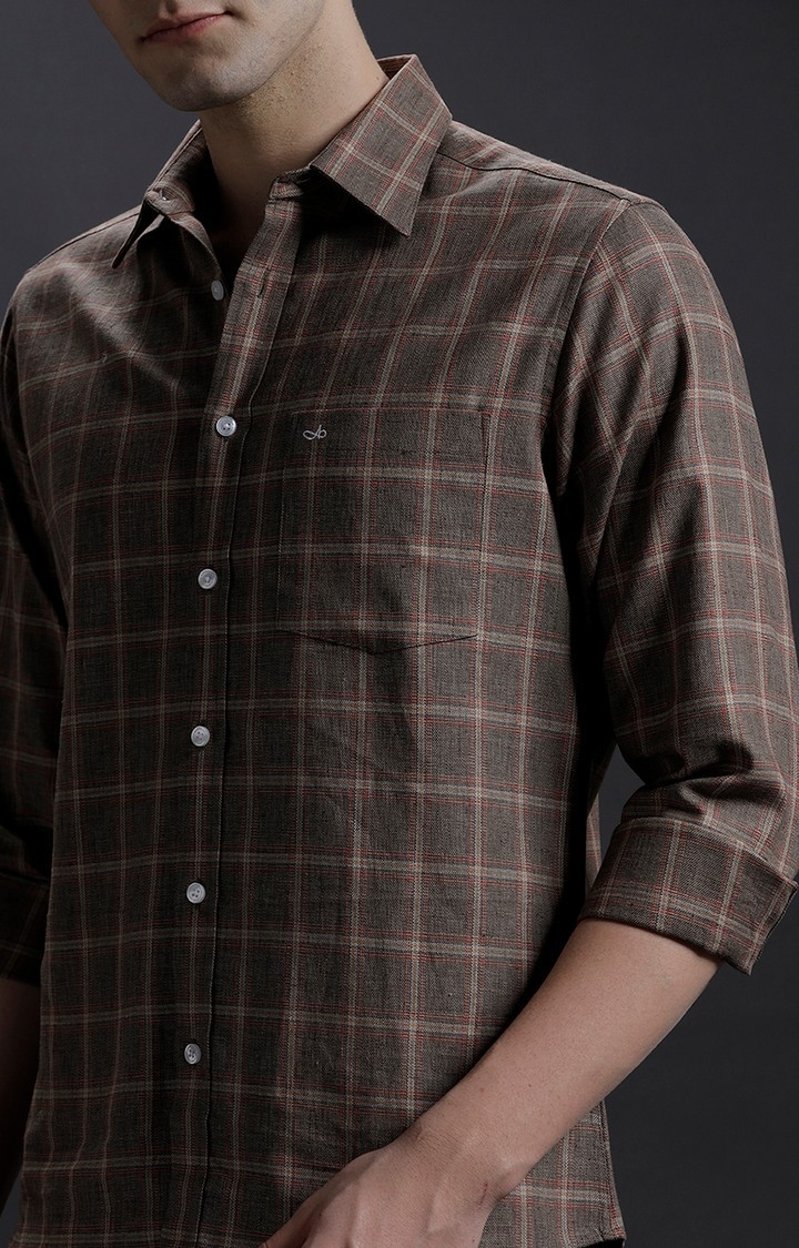 Men's Brown Linen Checked Casual Shirt