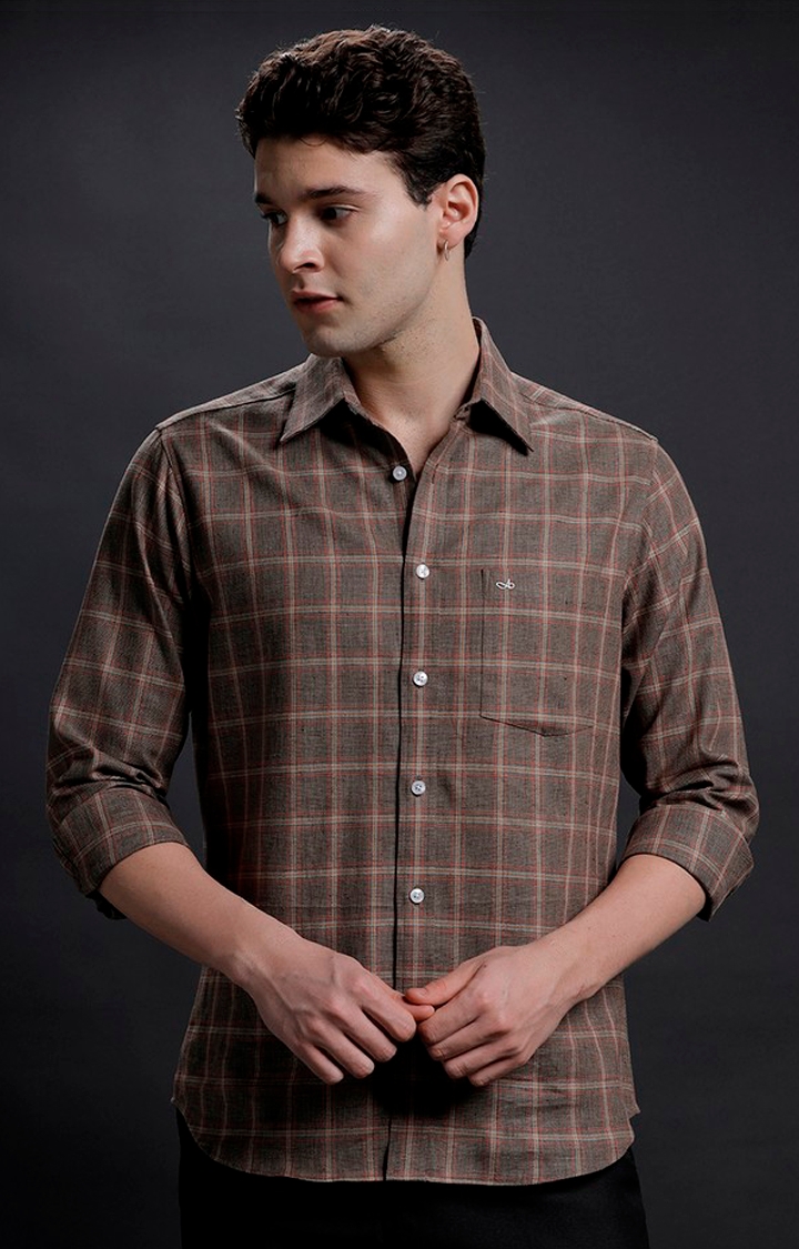 Aldeno | Men's Brown Linen Checked Casual Shirt