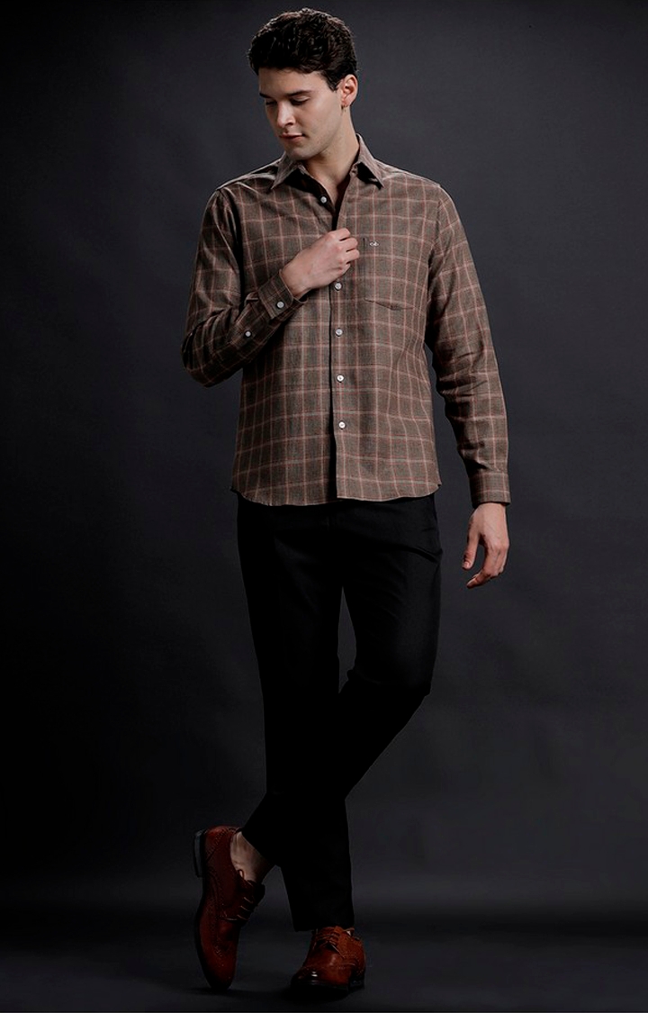 Men's Brown Linen Checked Casual Shirt