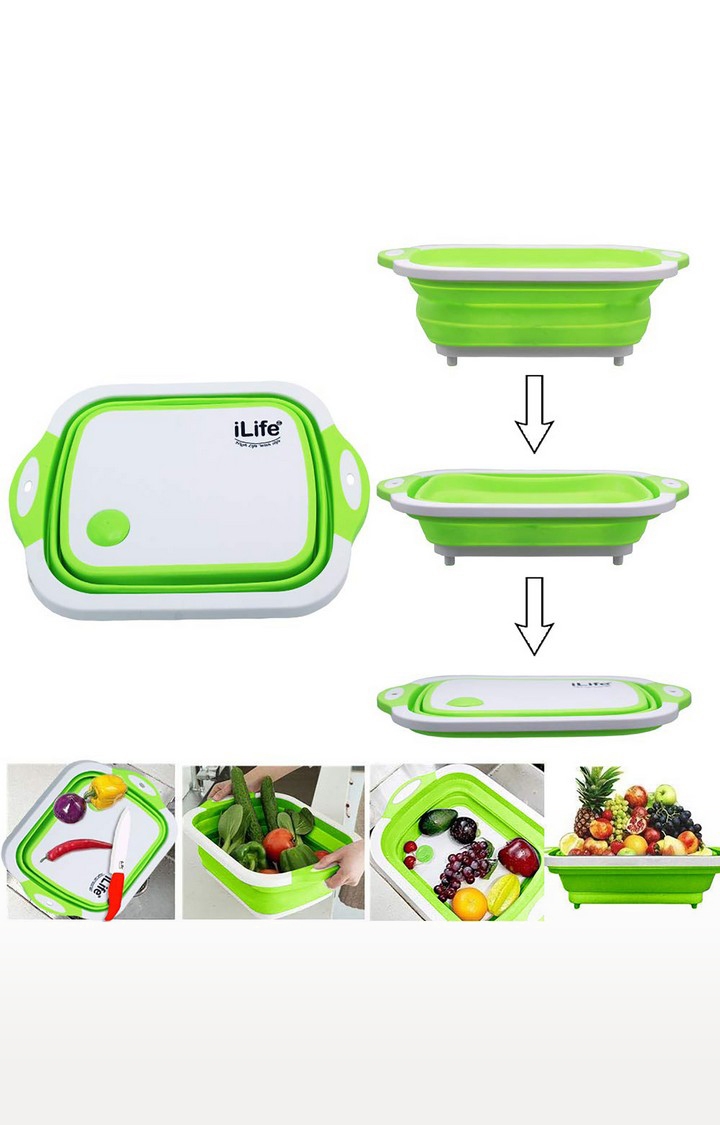 iLife | iLife Collapsible Cutting Board with Colander, 4-in-1 Multi-F Foldable Kitchen Plastic Silicone Dish (Green) 5