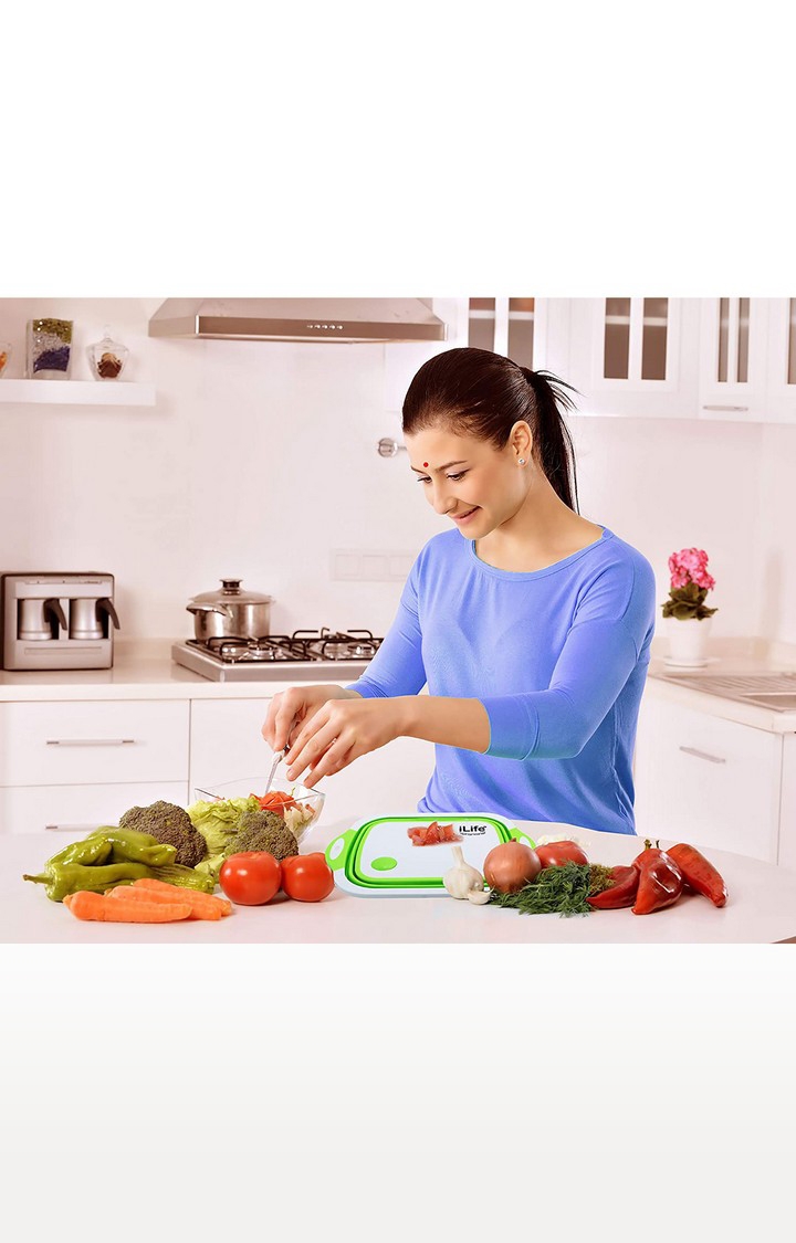 iLife | iLife Collapsible Cutting Board with Colander, 4-in-1 Multi-F Foldable Kitchen Plastic Silicone Dish (Green) 7