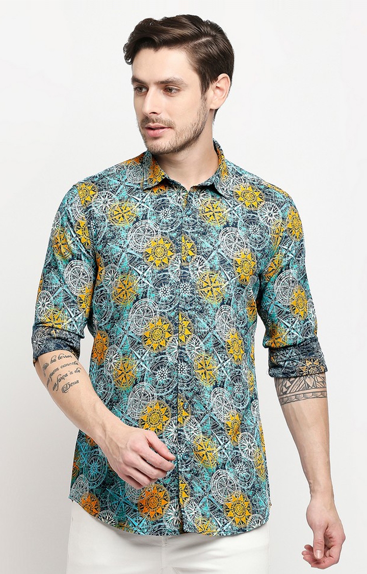EVOQ | Evoq Unique Compass Print Linen Causal Shirt for Men 0