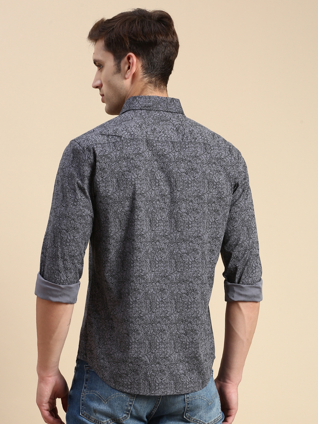 Showoff | SHOWOFF Men's Spread Collar Grey Slim Fit Printed Shirt 3