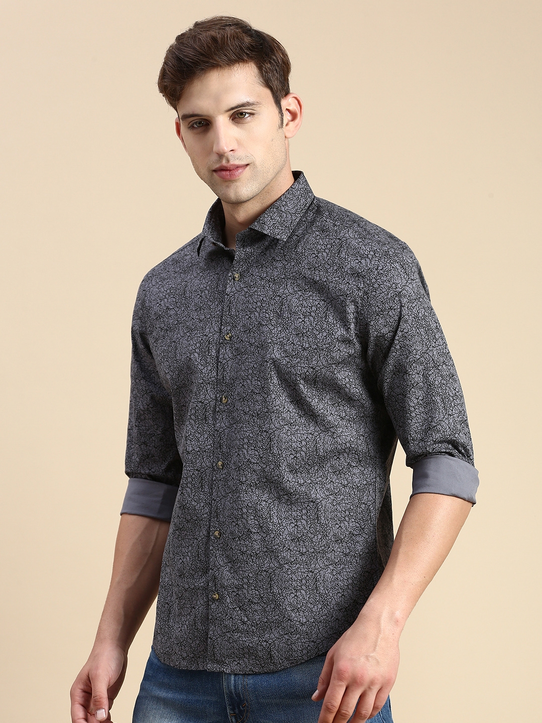 Showoff | SHOWOFF Men's Spread Collar Grey Slim Fit Printed Shirt 2