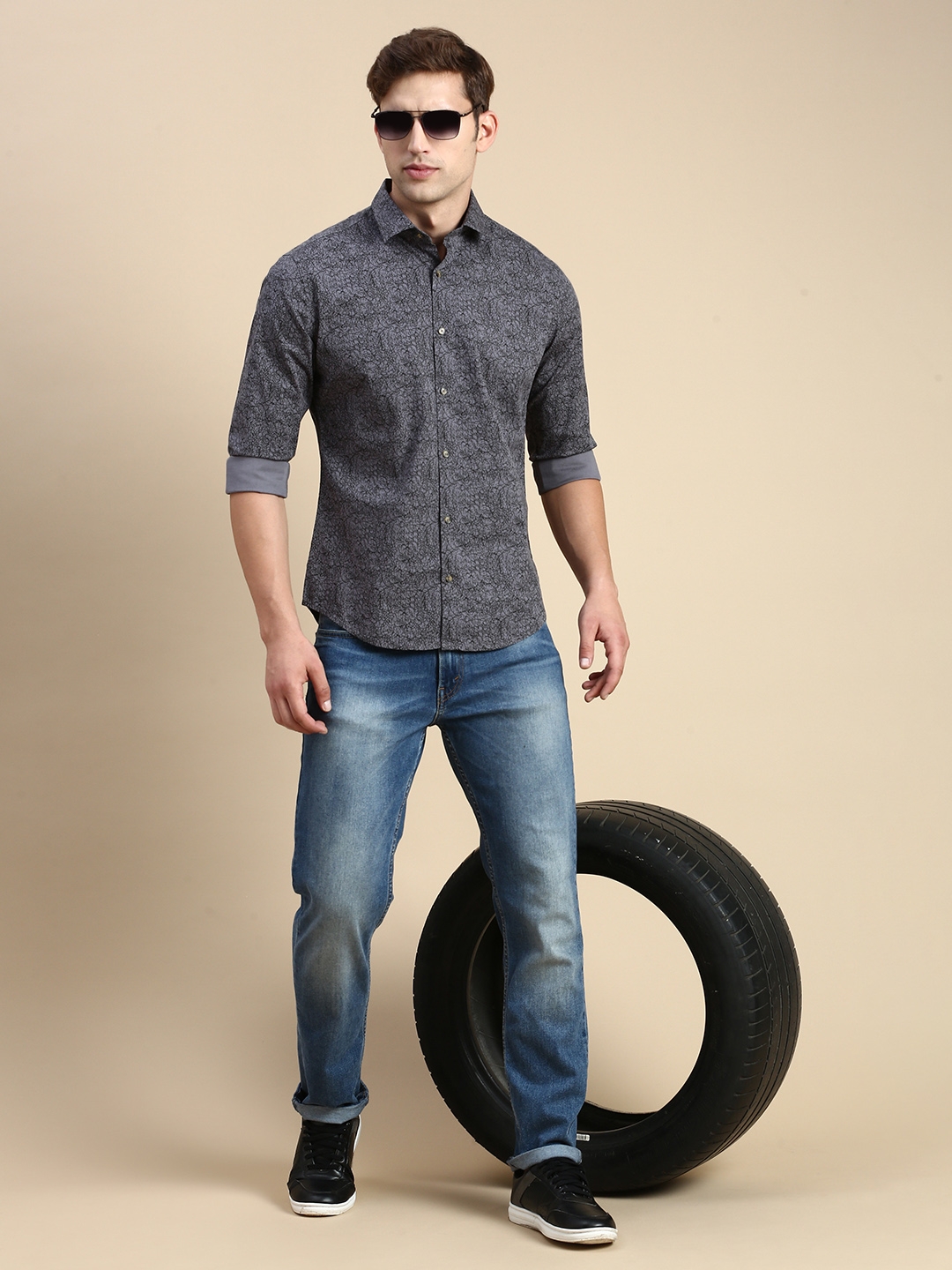 Showoff | SHOWOFF Men's Spread Collar Grey Slim Fit Printed Shirt 4