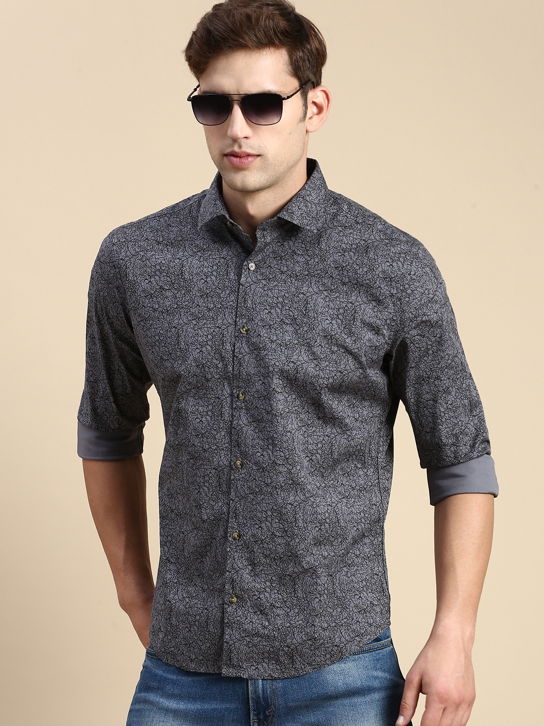 Showoff | SHOWOFF Men's Spread Collar Grey Slim Fit Printed Shirt 0